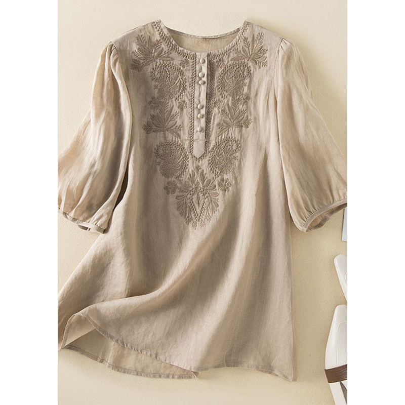 Casual Apricot Embroideried Wrinkled Patchwork Cotton T Shirt Summer