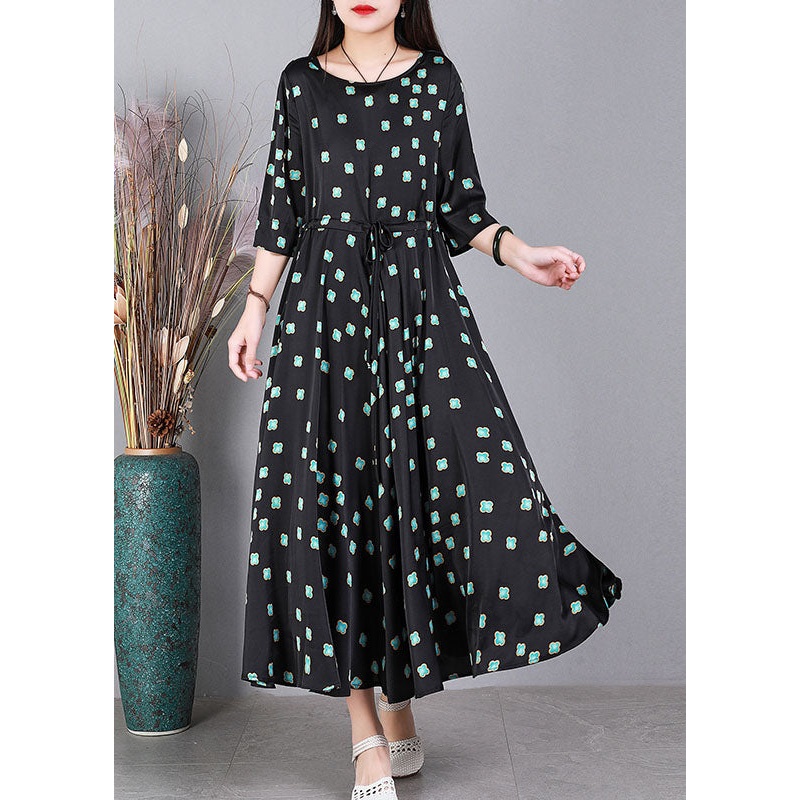 Casual Black O-Neck Floral Print Drawstring Exra Large Hem Silk Cinch Dress Half Sleeve