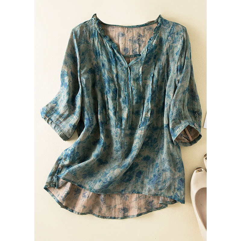 Chic Blue Ruffled Print Patchwork Linen Shirts Top Summer