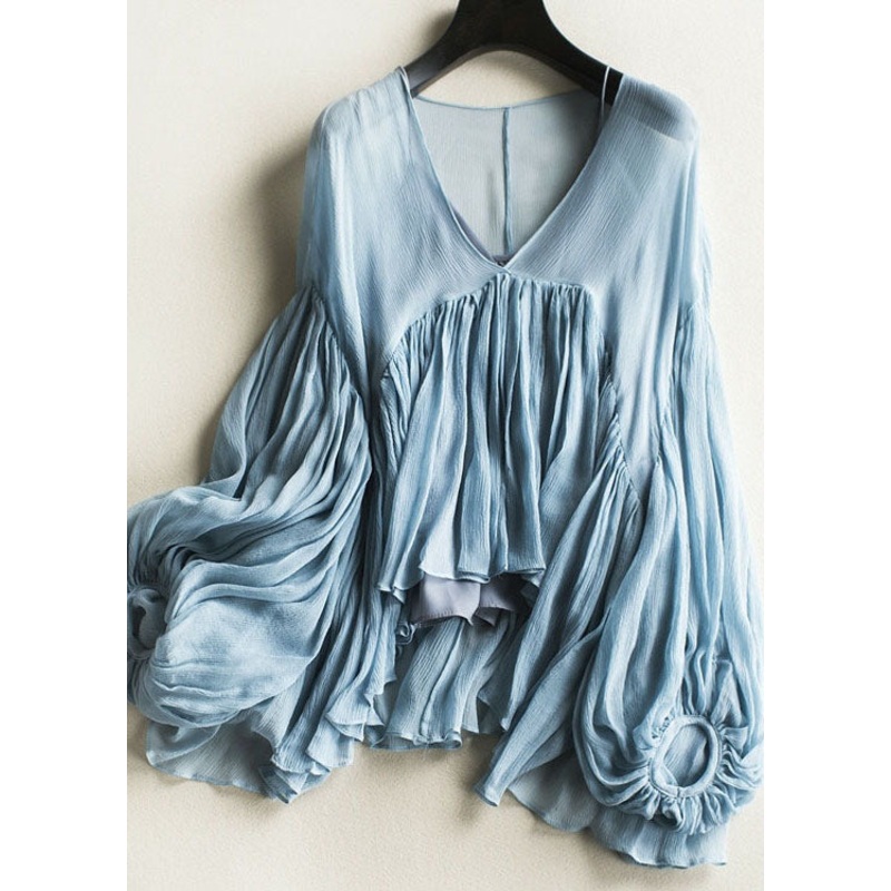 Chic Blue Wrinkled Chiffon Shirt And Spaghetti Strap Two Pieces Set Lantern Sleeve