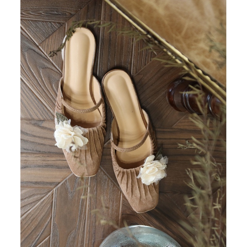 Chic Floral Splicing Slide Sandals Square Head Brown Faux Leather
