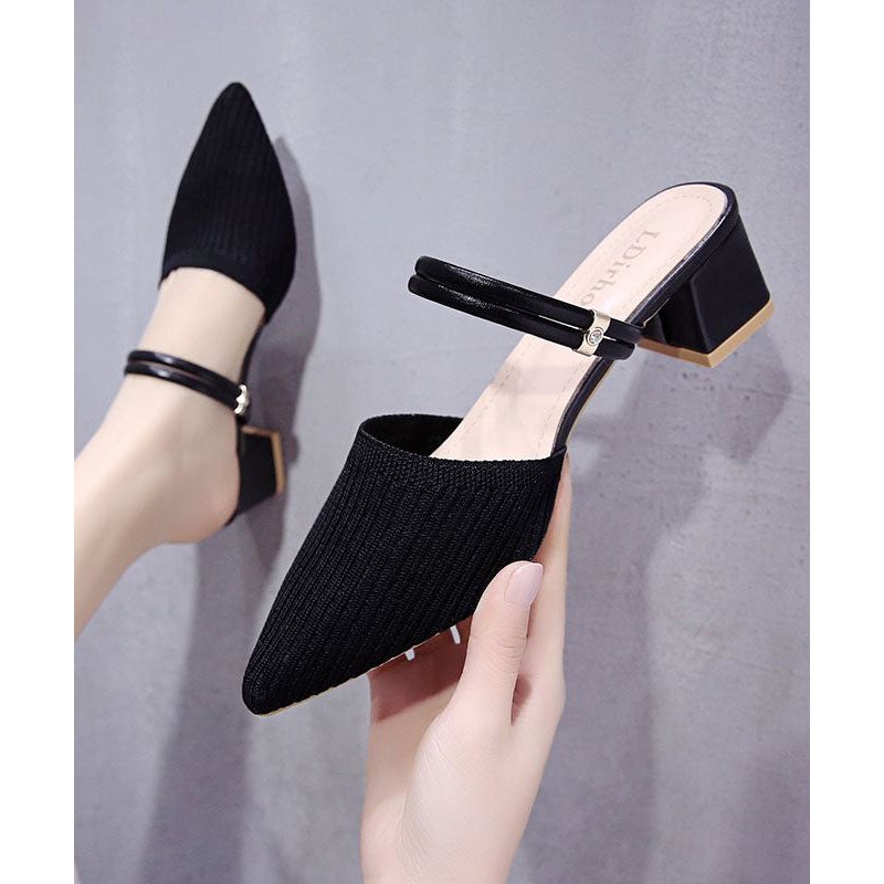 Chic Pointed Toe Splicing Chunky Slide Sandals Black Knit Fabric