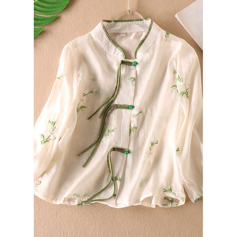 Chinese Style Green Tasseled Embroideried Patchwork Tulle Shirt Top Long sleeve
