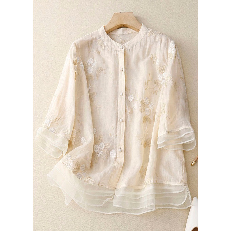 Classy Beige Embroidered Button Patchwork Cotton Shirt Tops Summer