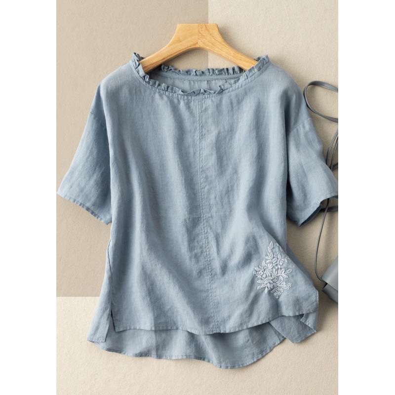Classy Blue Ruffled Embroideried Patchwork Cotton T Shirts Tops Summer