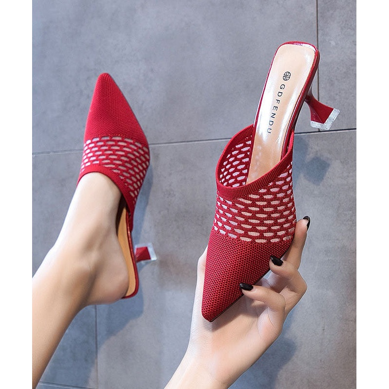 Classy Splicing High Heel Slide Sandals Red Knit Fabric Pointed Toe