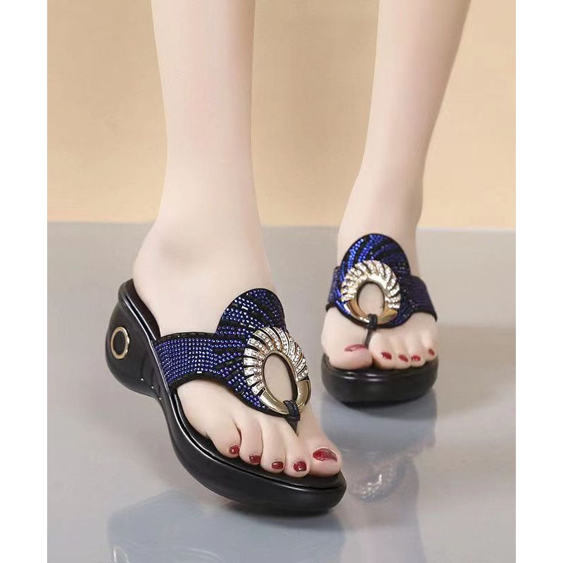 Comfortable Blue Zircon Splicing Beach Wedge Flip Flops