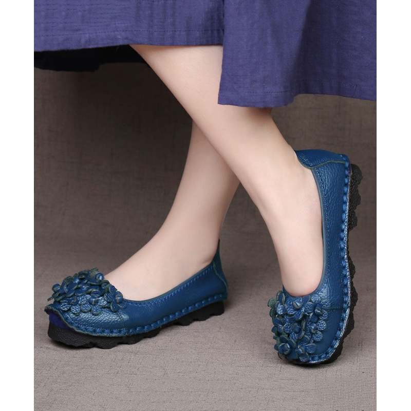 Comfortable Floral Splicing Flat Shoes Blue Cowhide Leather