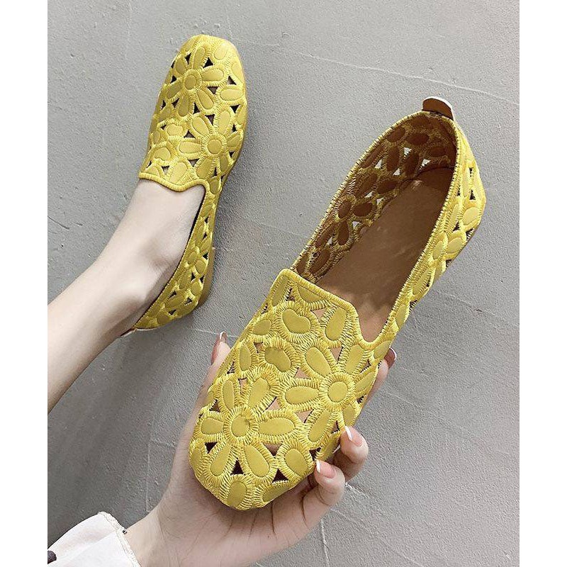 Cotton Fabric Hollow Out Embroidery Splicing Yellow Loafers For Women