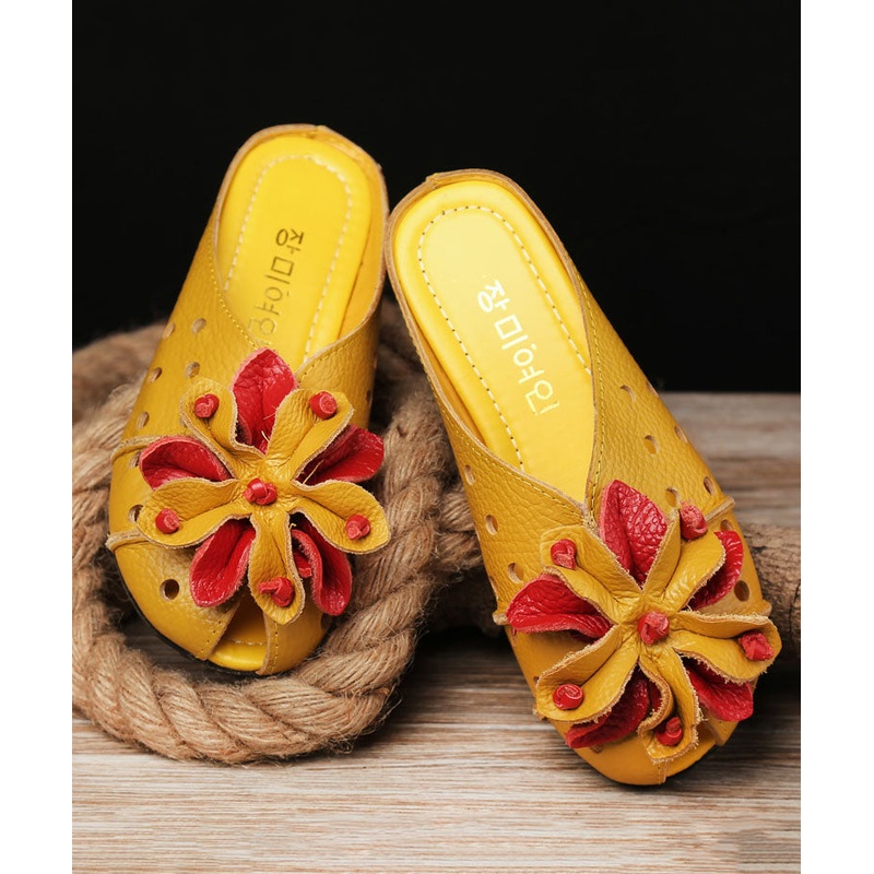 Cowhide Leather Yellow Flat Slide Sandals Splicing Hollow Out Floral