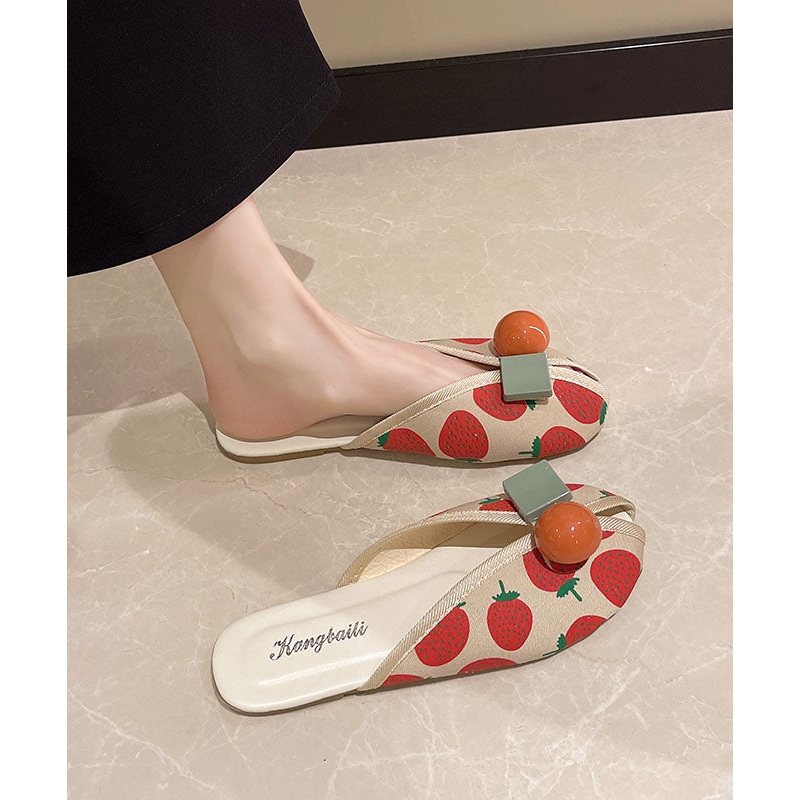 DIY Strawberry Print Splicing Slide Sandals Cotton Fabric