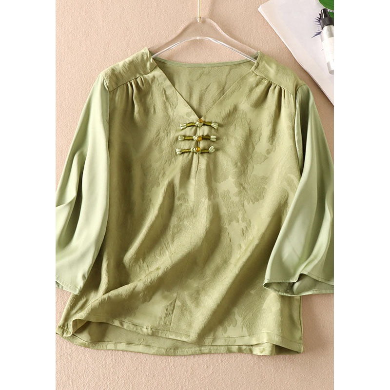 Elegant Green Chinese Jacquard Button Patchwork Silk Shirt Bracelet Sleeve
