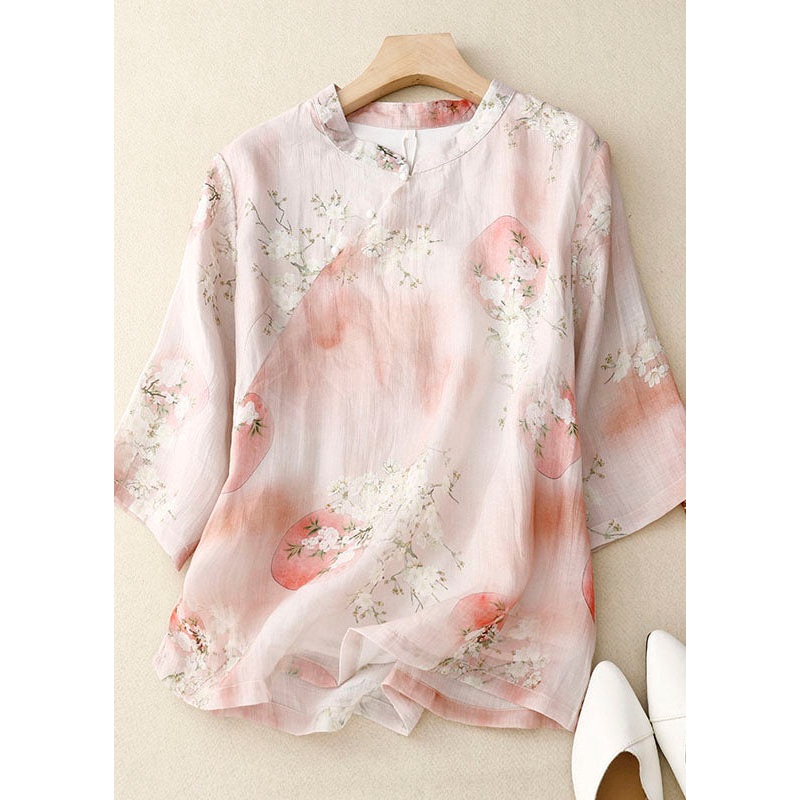 Elegant Pink Stand Collar Print Patchwork Cotton Shirts Top Summer