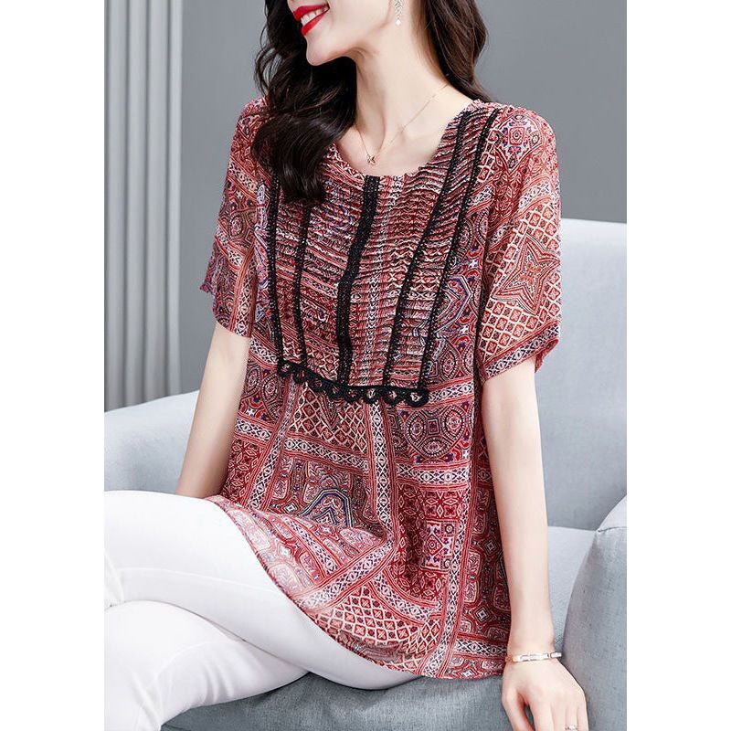 Elegant Red Print Wrinkled Chiffon Blouse Top Summer