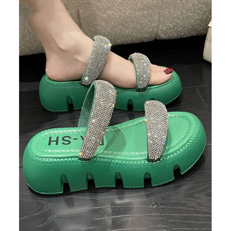 Elegant Splicing Platform Slide Sandals Peep Toe Green Zircon