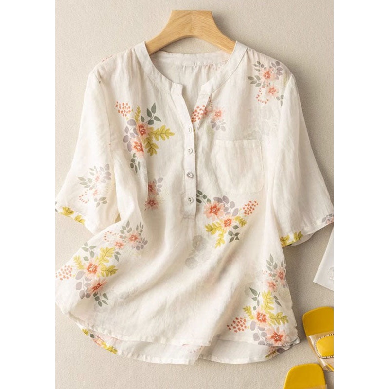 Elegant White Print Pockets Patchwork Linen T Shirt Summer