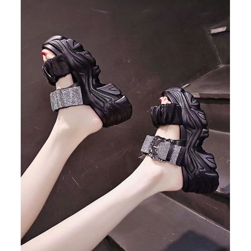 Fine Splicing Platform Slide Sandals Black Zircon Buckle Strap