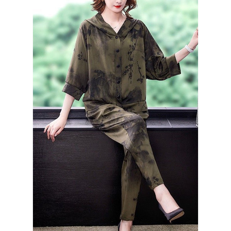 French Army Green Hooded Print Silk Two Pieces Set Spring