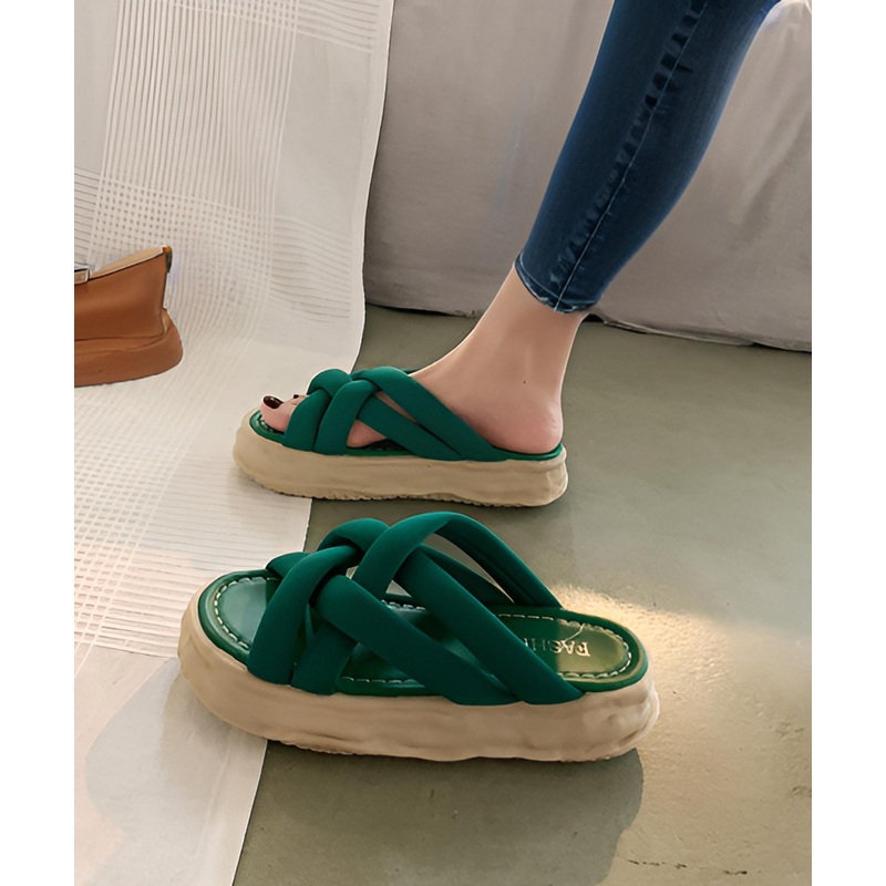 Green Slide Sandals Platform Boho Splicing Cross Strap Peep Toe