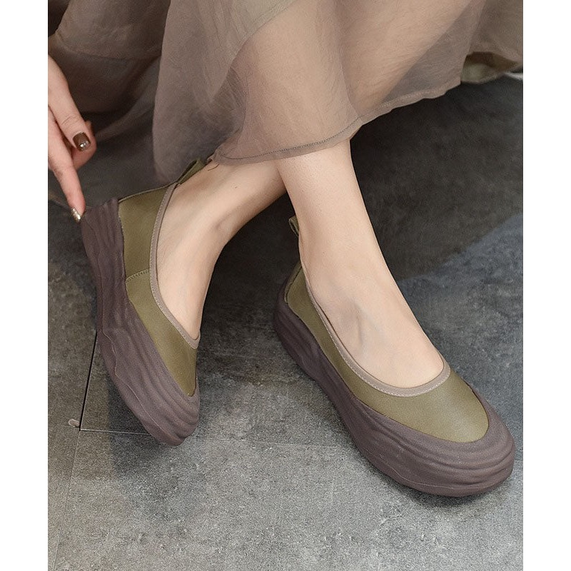 Handmade Green Flat Shoes Cowhide Leather Comfy Splicing