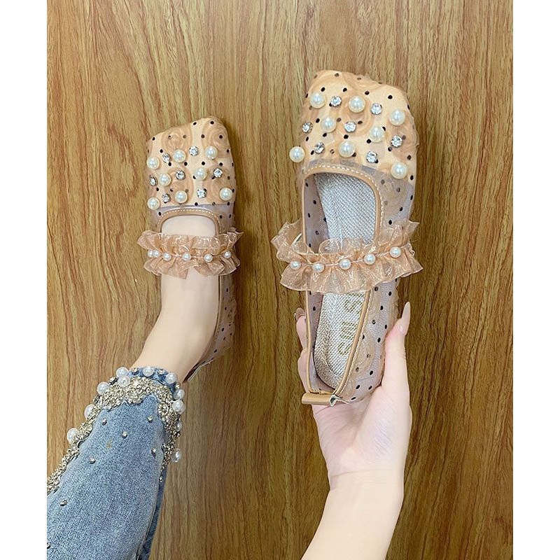 Handmade Loafer Shoes Splicing Tulle Khaki Ruffles Nail Bead Zircon