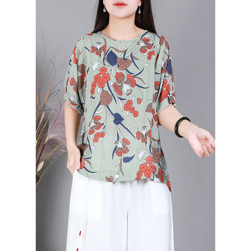 Italian Green O-Neck Print Cotton Shirt Top Half Sleeve