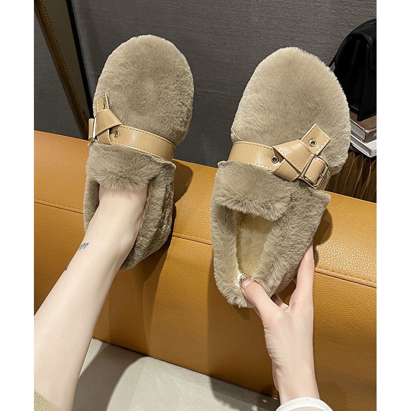 Khaki Fuzzy Fur Flat Shoes Soft Comfy Splicing Buckle Strap