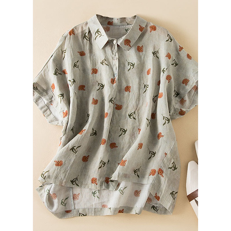 Loose Grey Print Peter Pan Collar Button Linen Blouse Top Summer