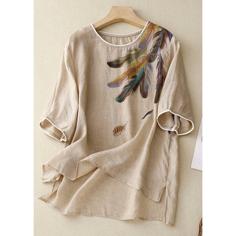 Loose Linen Colour Print Low High Design Patchwork Cotton T Shirts Summer