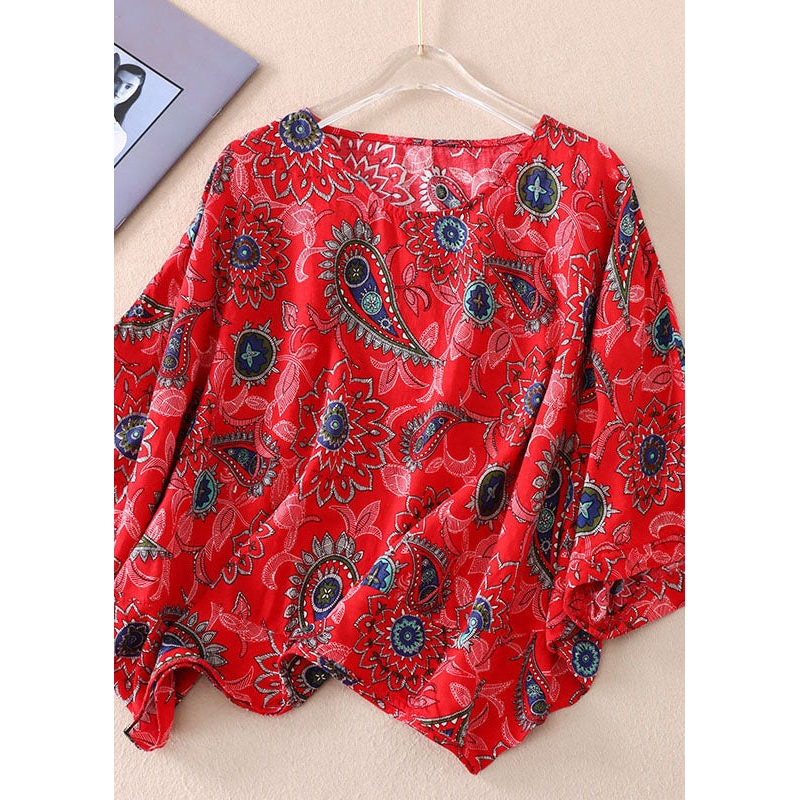 Loose Red O Neck Print Patchwork Cotton T Shirts Batwing Sleeve