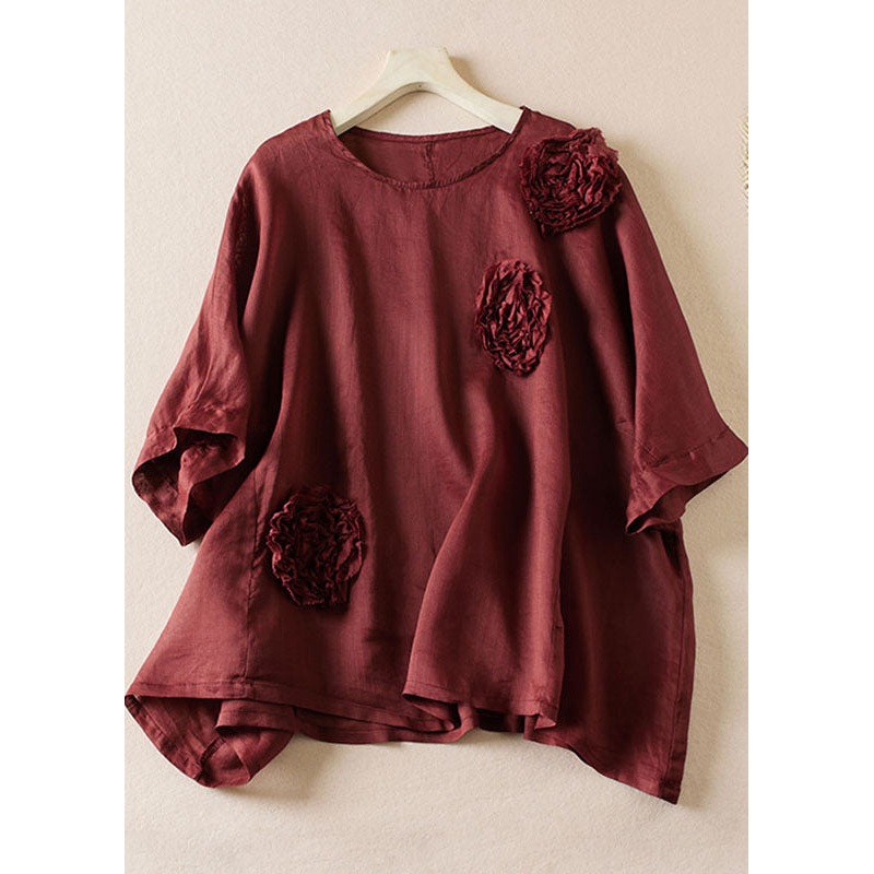 Loose Wine Red O-Neck Rose Floral Linen T Shirt Top Summer