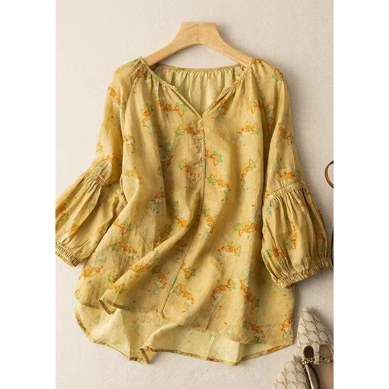 Loose Yellow V Neck Print Patchwork Cotton Shirts Bracelet Sleeve