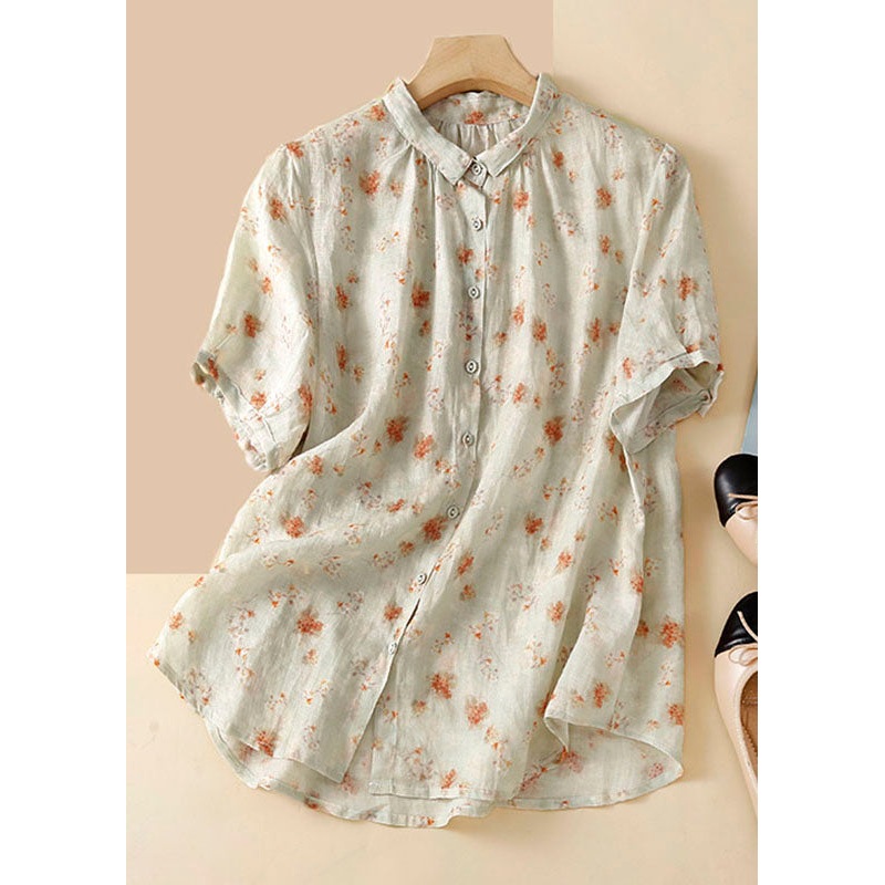 New Apricot Peter Pan Collar Print Patchwork Linen Shirt Summer