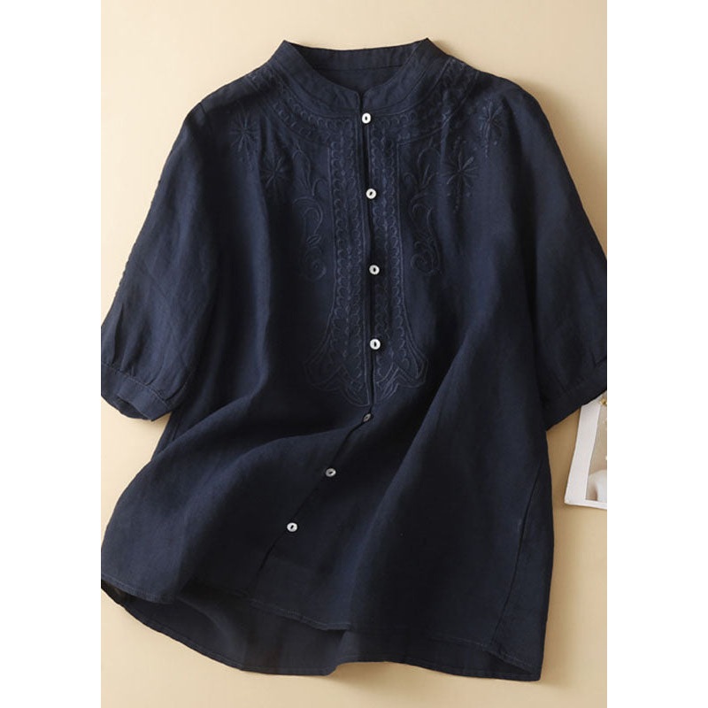 New Navy Embroideried Button Patchwork Linen Shirt Top Summer
