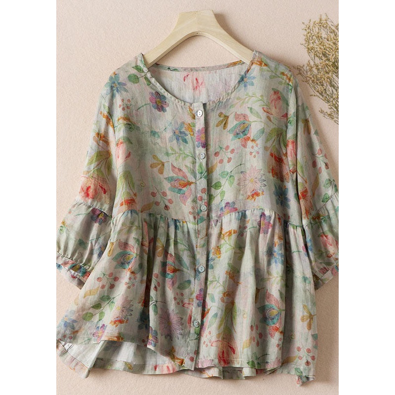 New O-Neck Print Wrinkled Patchwork Cotton Shirt Top Half Sleeve