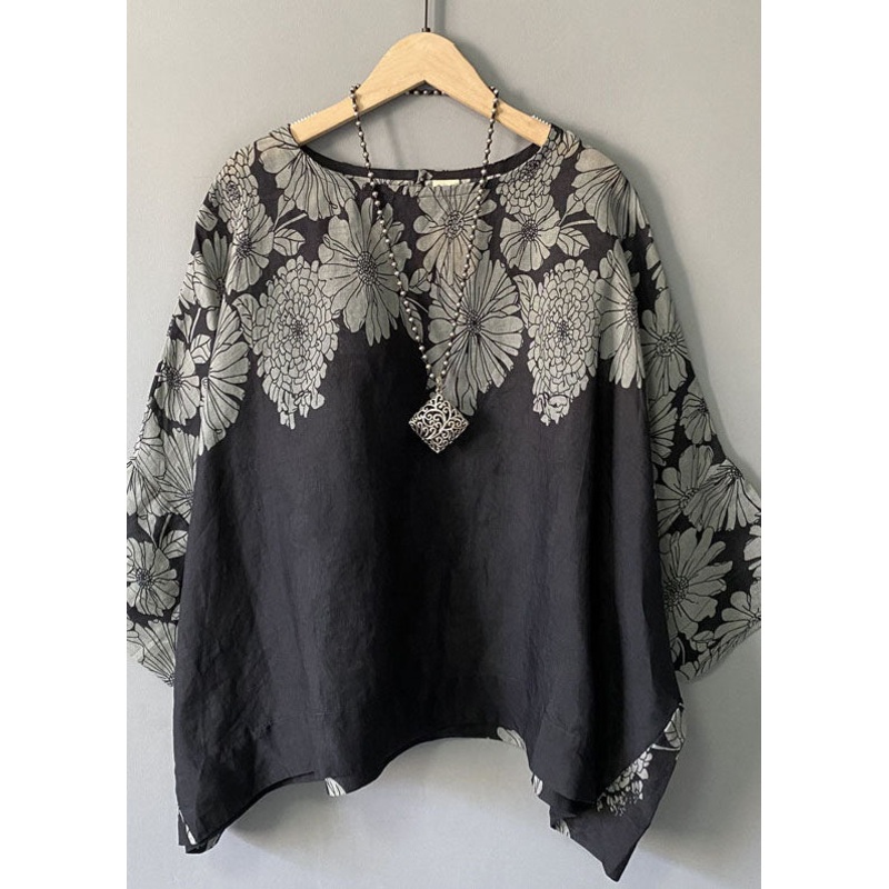 Plus Size Black O Neck Print Patchwork Cotton Blouse T Shirt Summer
