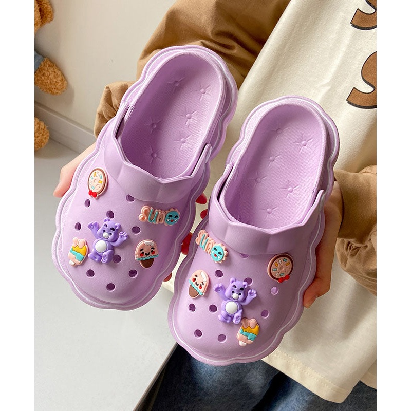 Purple Hollow Out Splicing Cartoon Decorated Beach Slide Sandals