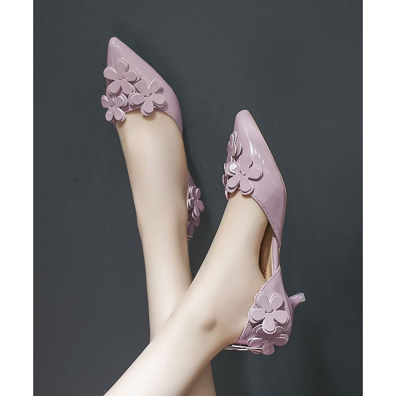 Purple Kitten Heels Fashion Floral Splicing Pointed Toe