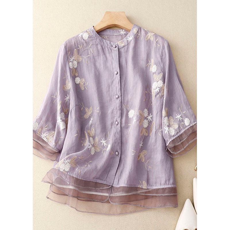 Purple Patchwork Cotton Shirt Tops Stand Collar Embroideried Summer