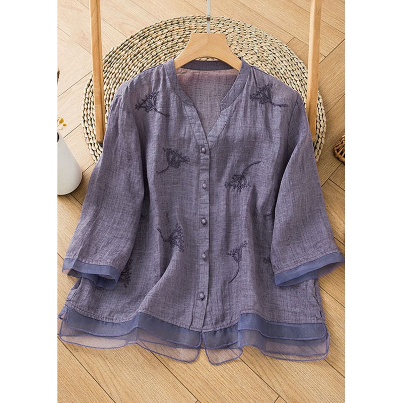Purple Patchwork Linen Blouse Shirt Top V Neck Embroideried Half Sleeve