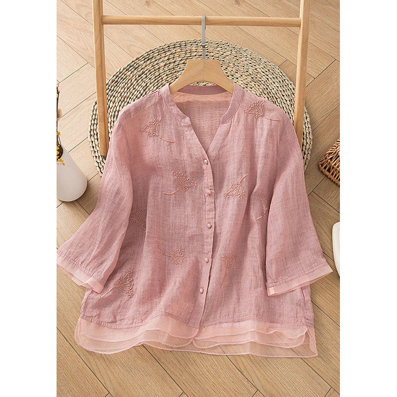 Retro Pink Embroidered Button Patchwork Linen Shirt Top Summer