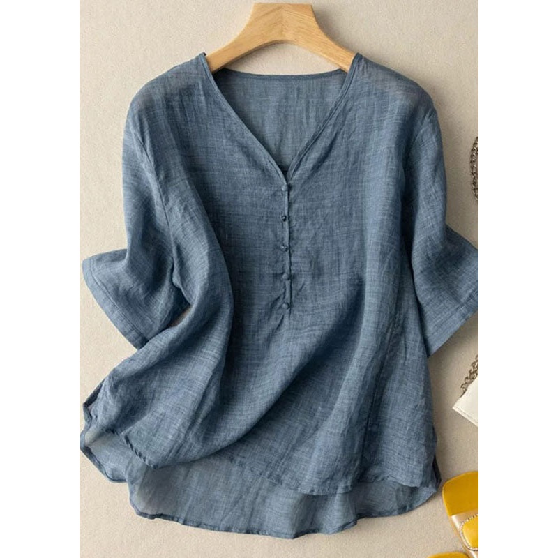 Simple Blue V Neck Button Patchwork Linen T Shirt Summer