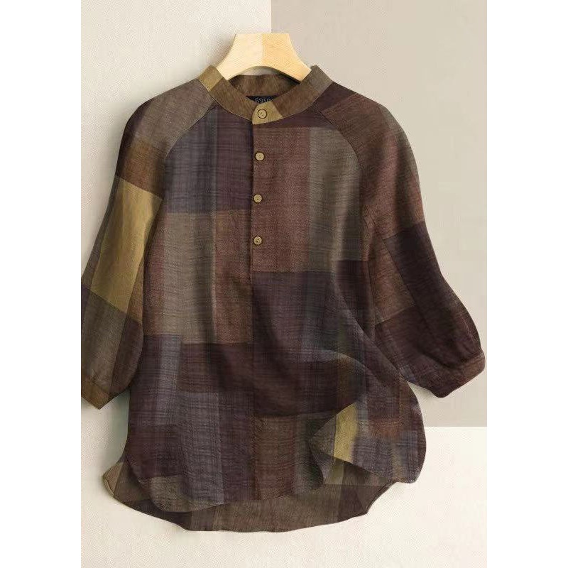 Style Blue Stand Collar Print Patchwork Cotton Blouses Half Sleeve