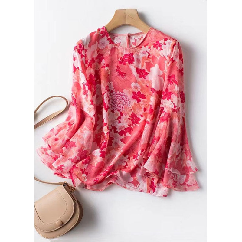 Style Pink O Neck Print Patchwork Chiffon Shirt Butterfly Sleeve