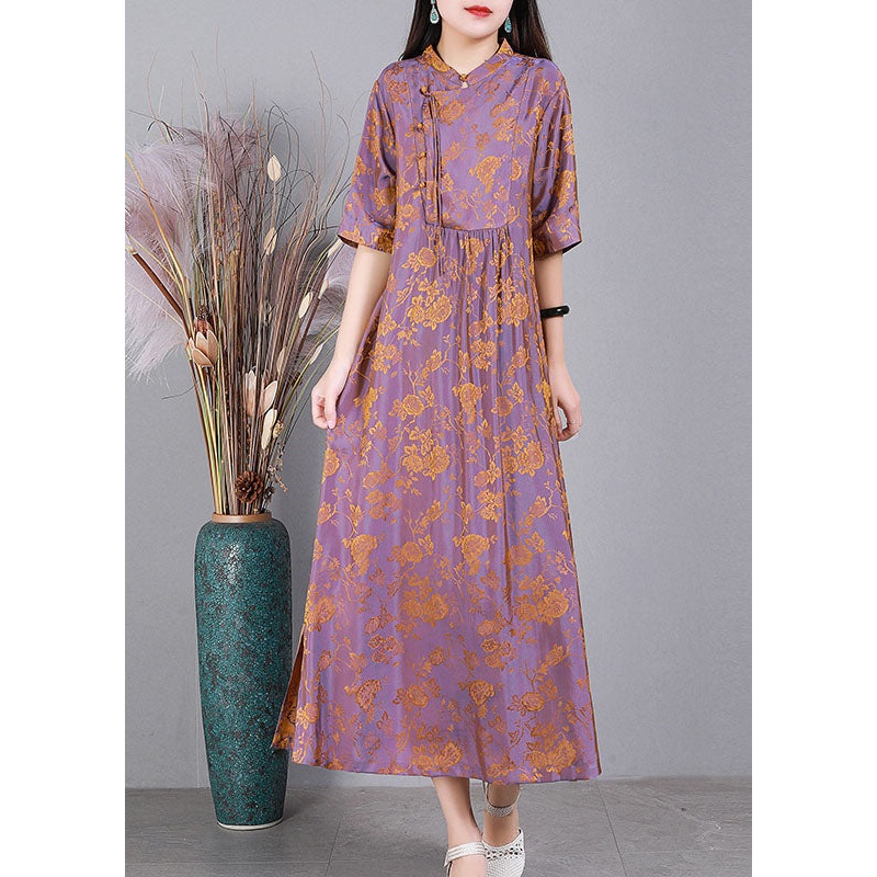Unique Light Purple Stand Collar Jacquard Side Open Oriental Button Silk Dress Half Sleeve