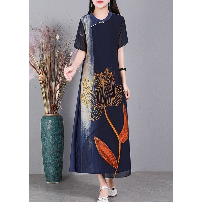 Unique Navy O-Neck Print Tulle Patchwork Silk Party Dress Short Sleeve