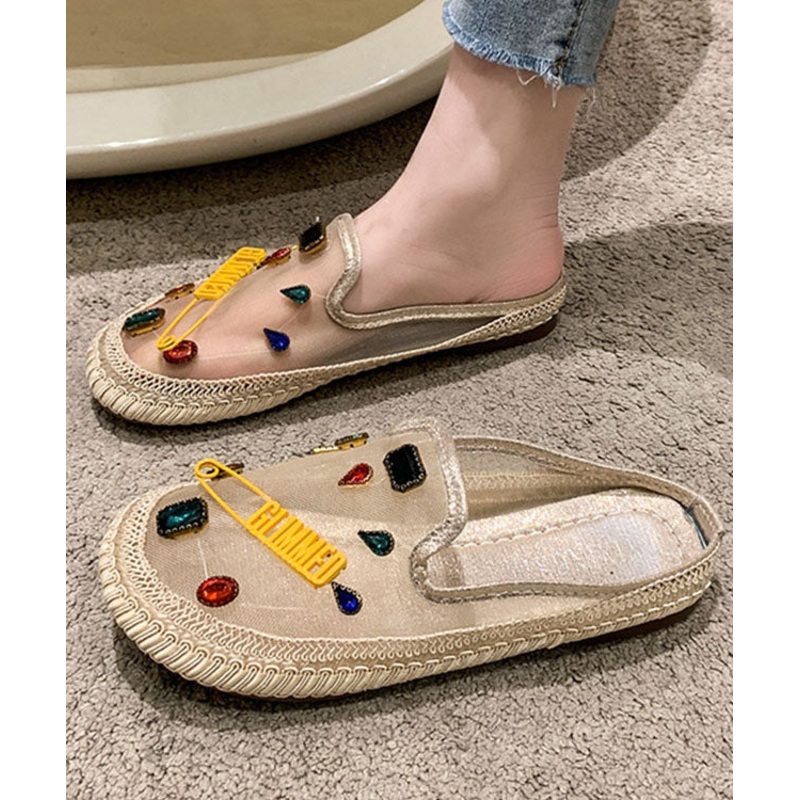 Unique Zircon Splicing Gold Tulle Hollow Out Slide Sandals