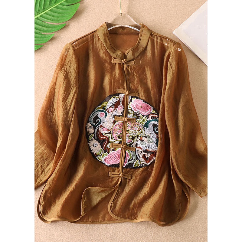 Vintage Coffee Chinese Button Embroideried Tulle Blouses Long sleeve