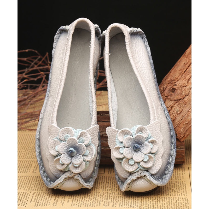 Vintage Floral Splicing Penny Loafers Light Grey Cowhide Leather