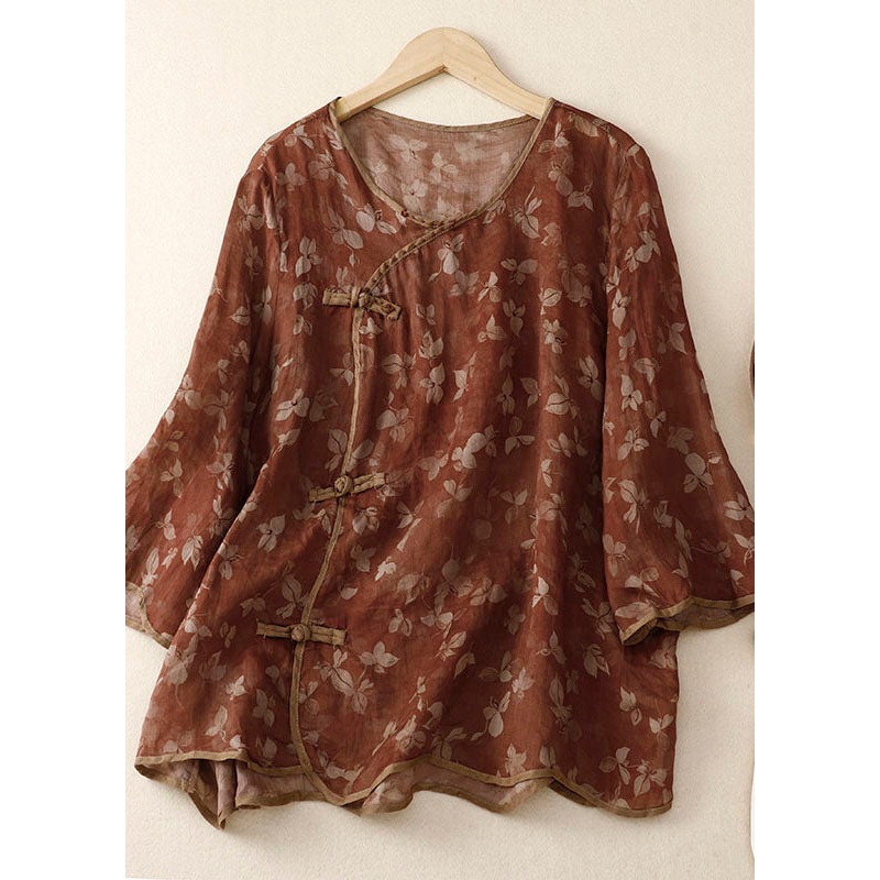 Vintage Red-brown O Neck Print Patchwork Linen Shirt Bracelet Sleeve